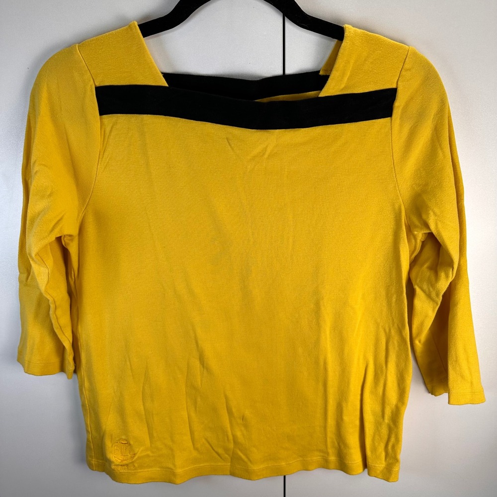 Ralph Lauren Petite‎ Womens P/LgYellow Black Square Neck 3/4 Sleeve